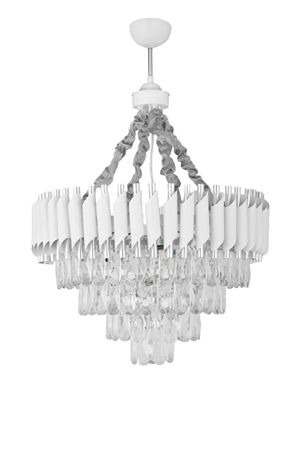 Palmira 55'lik Prizma Kesim Kristal Taşlı Lüks Salon Avize - (Beyaz Krom)